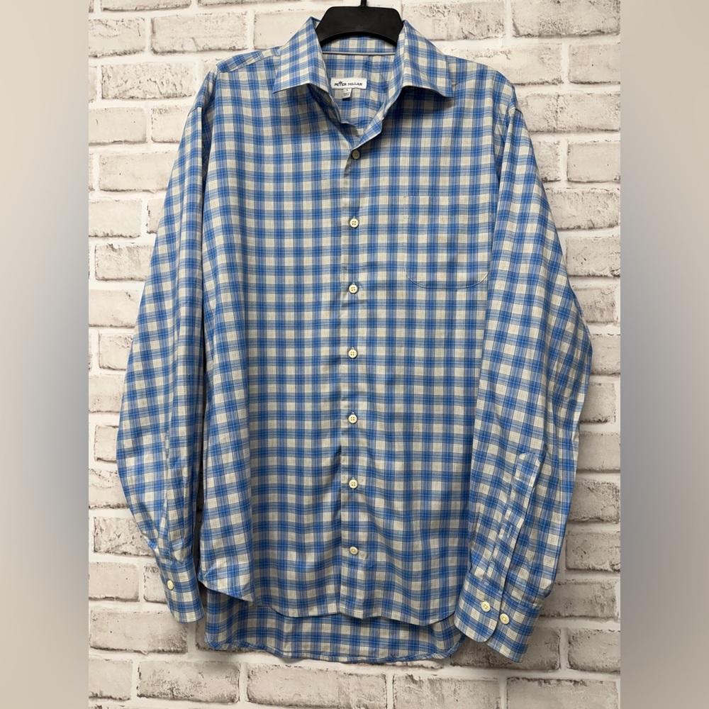 Peter Millar Sz L Blue and Cream Plaid Long Sleeve Shirt Button Front